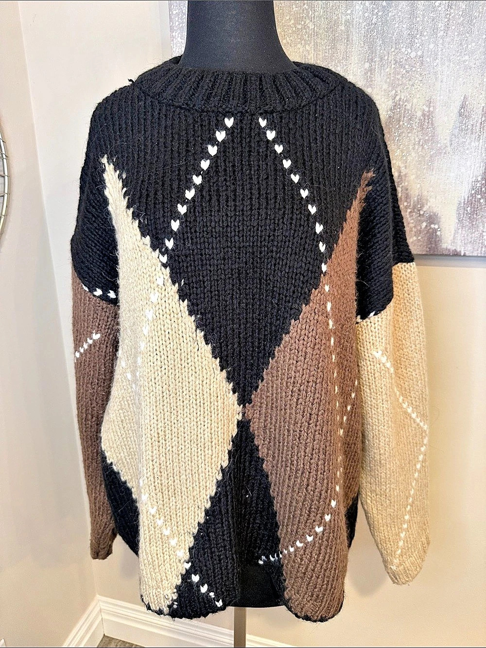 Zara Geometric Color Block Sweater in Black & Brown Size Large